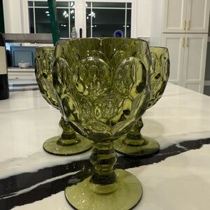 Olive Green Embossed Goblet Glasses | Vintage-Style Stemware | Set of 8